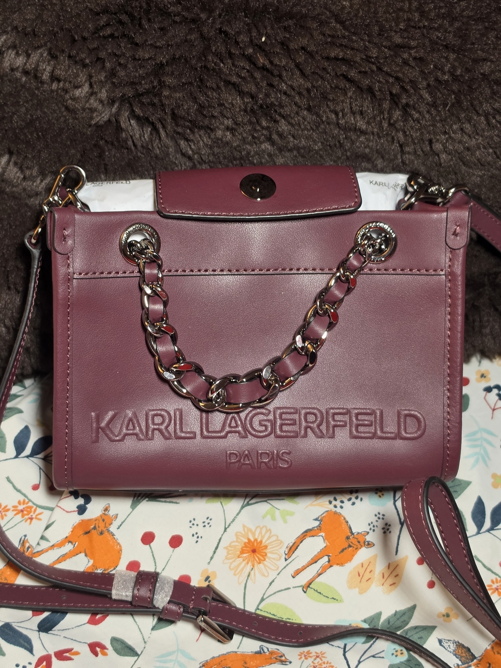 Karl Lagerfeld Paris Savoie Wine Small Leather Crossbody Bag Chain Handles